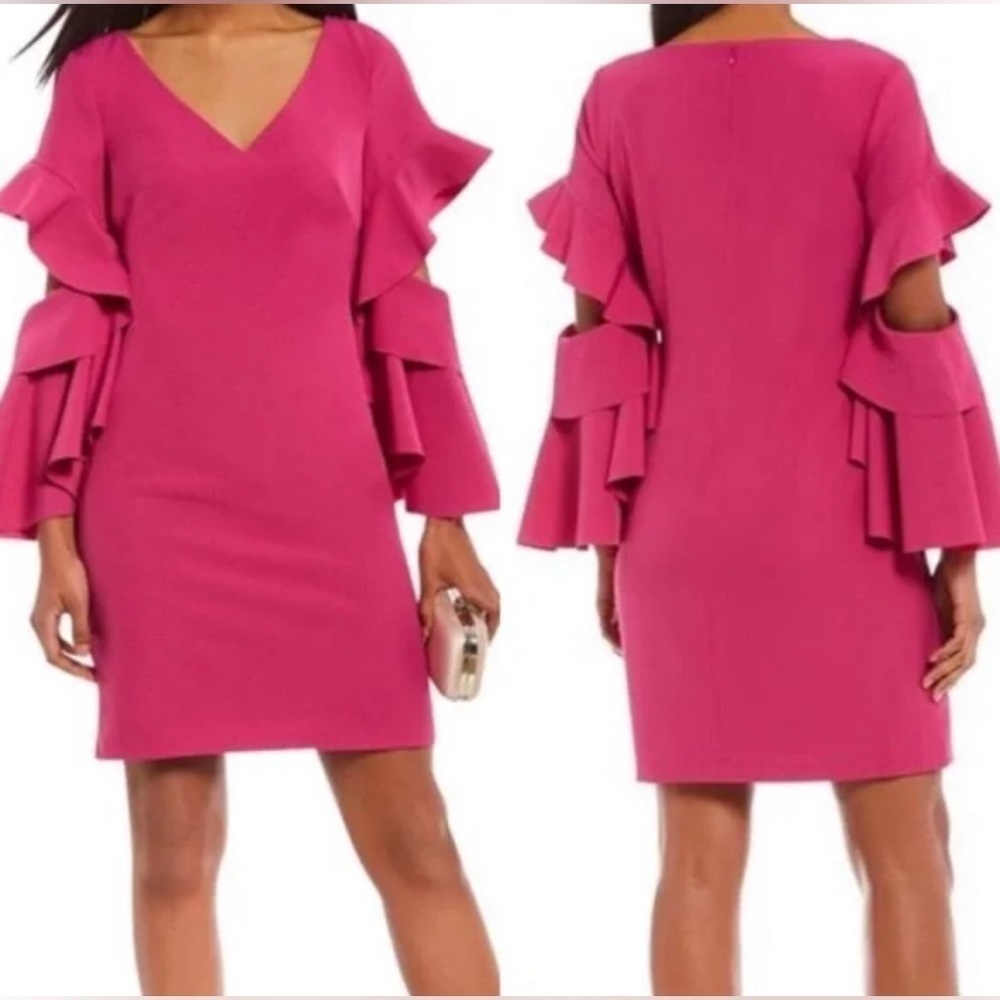Badgley Mischka Belle Pink Ruffle Bell Sleeves V-Neck Cocktail Dress Size 2